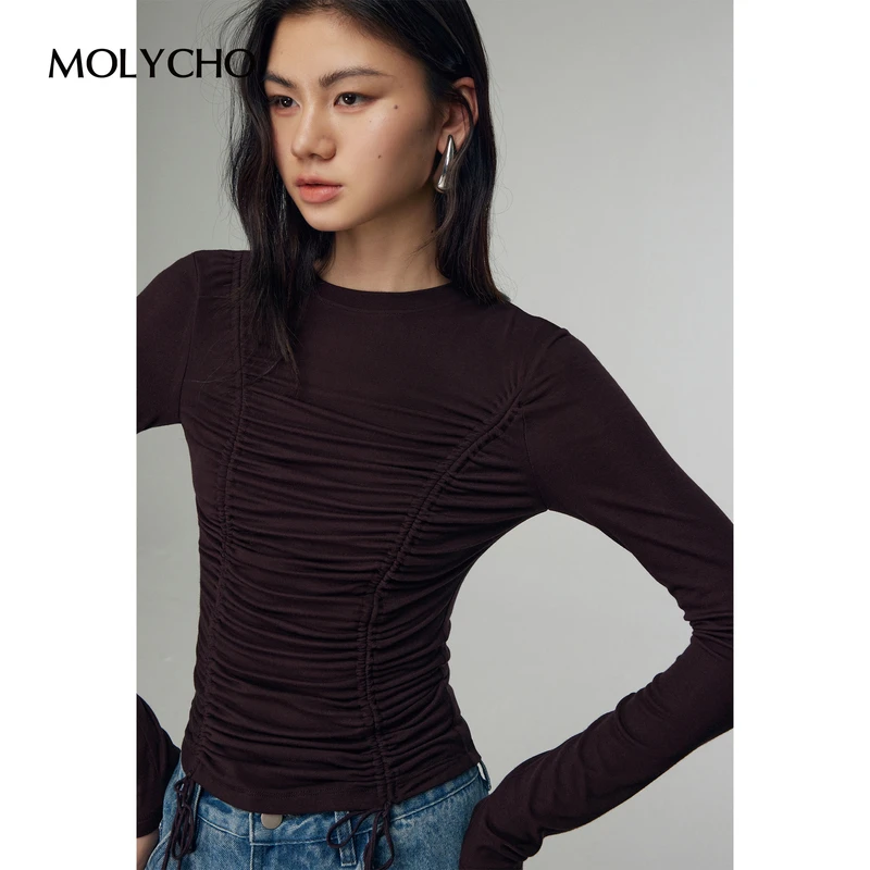 MOLYCHO设计感抽绳收腰显瘦长袖T恤女春季修身显瘦打底衫正肩上衣