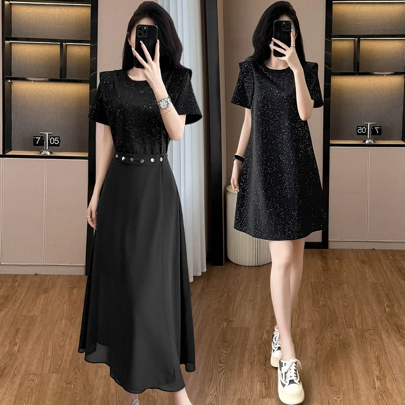 欧货洋气时尚网纱亮钻T恤裙两件套女2025新款今年流行漂亮套装裙