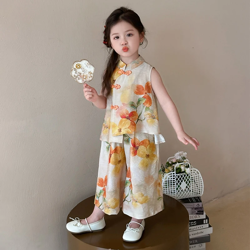 女童新中式无袖国风阔腿裤套装2025新款夏季超洋气时髦女宝宝套装