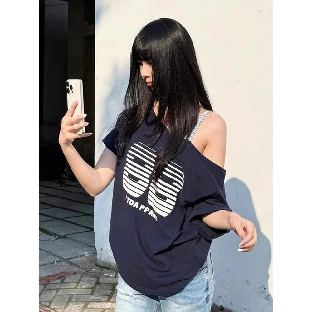 美式辣妹一字露肩短袖t恤女夏季宽松高级感字母印花斜肩