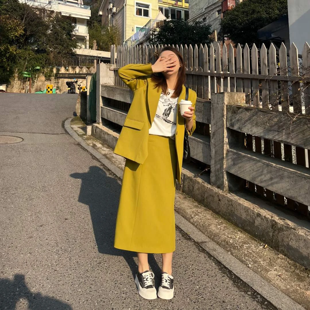 楠序迪迪大码女装2025秋季休闲西装外套裙子两件套YZ6220