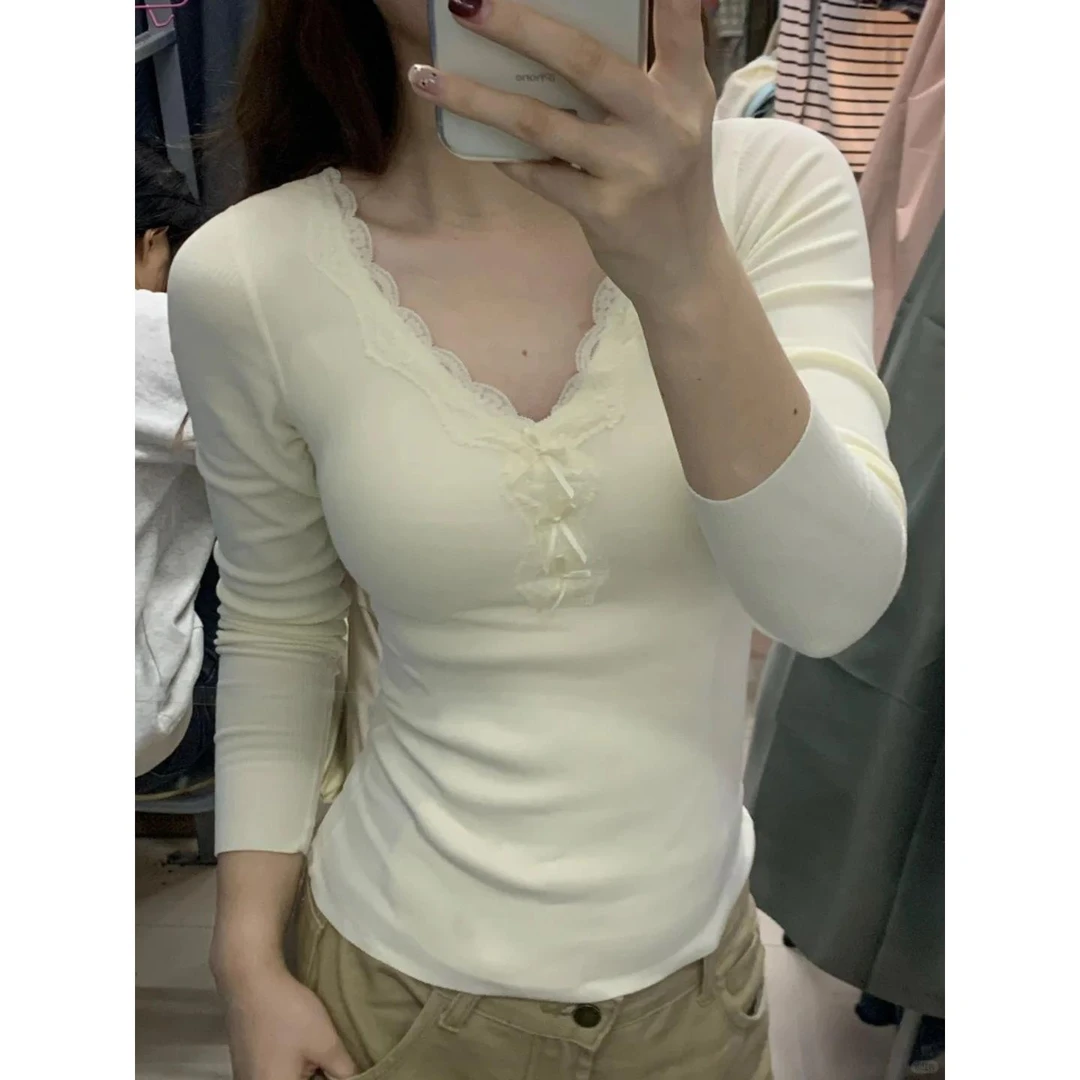 纯欲风蕾丝花边保暖内衣长袖秋衣秋裤女款2025新款内搭上衣打底衫