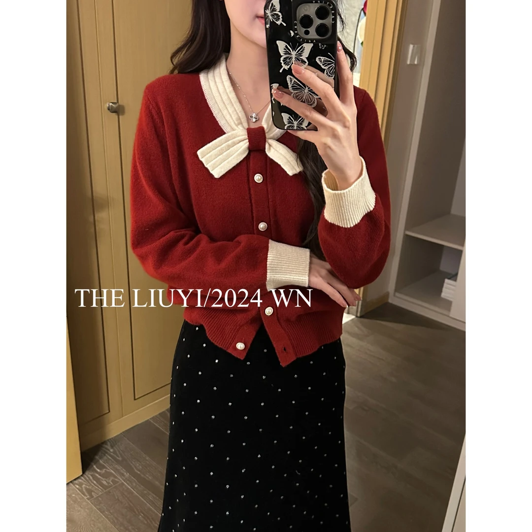 【LIUYI】她很漂亮~100%羊毛蝴蝶结领毛衣开衫上衣412121