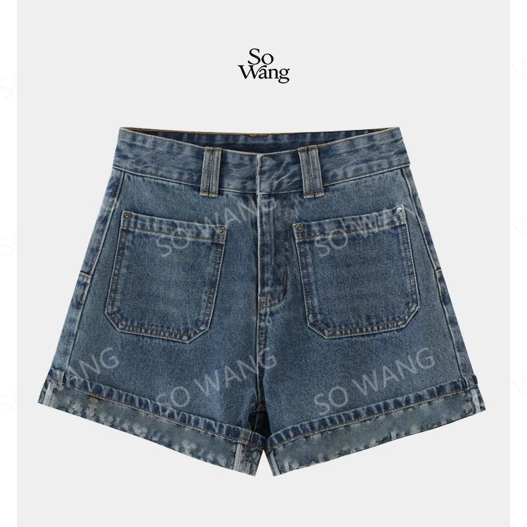 薄款直筒裤卷边高腰休闲蓝色牛仔透气印花短裤K25011