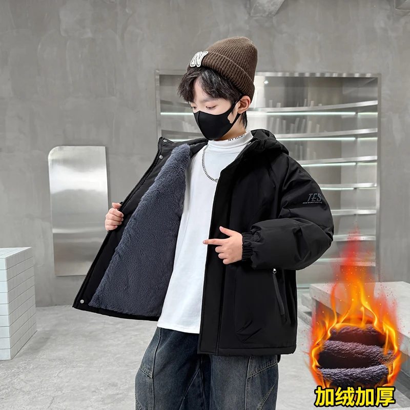 男童加绒外套秋冬款2025新款儿童中大童男孩冬季加厚派克服上衣潮