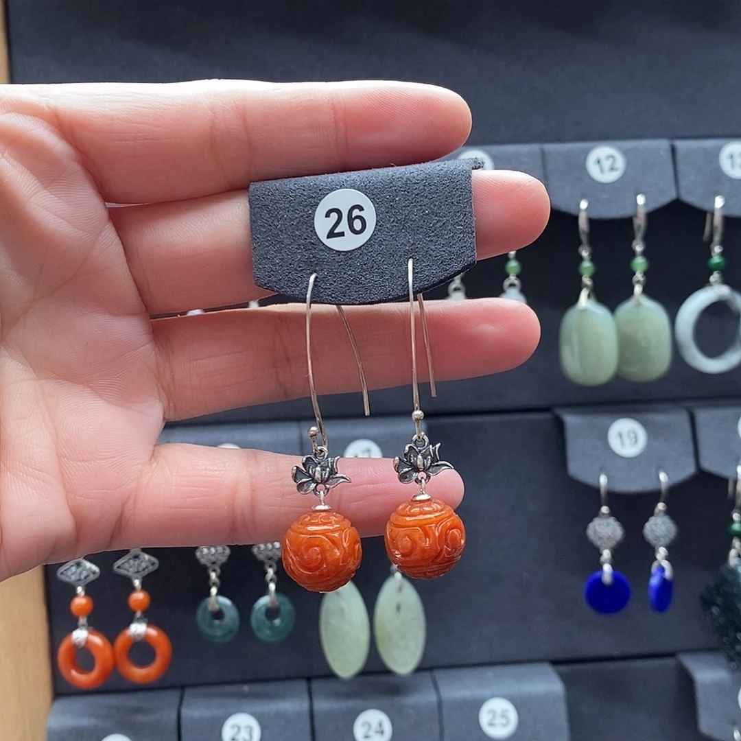 明***玉翡翠银S925镶嵌耳饰