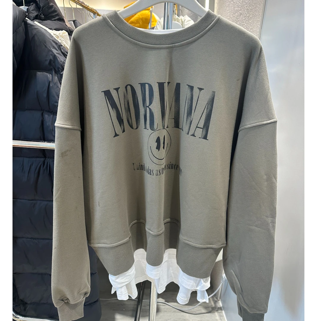 2025新款时尚印花卫衣笑脸秋冬新款假两件休闲百搭简约宽松拼接