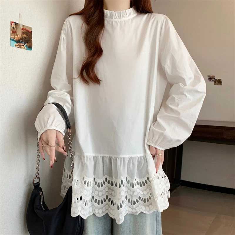 大码微胖mm中长款t恤女春秋新款宽松显瘦百搭镂空长袖打底上衣服