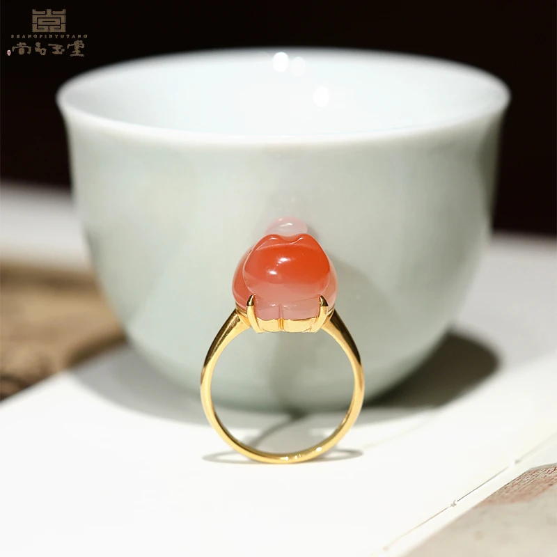 尚品玉堂【专注品质】苏工新疆和田玉南红金镶 18K戒指首饰品175