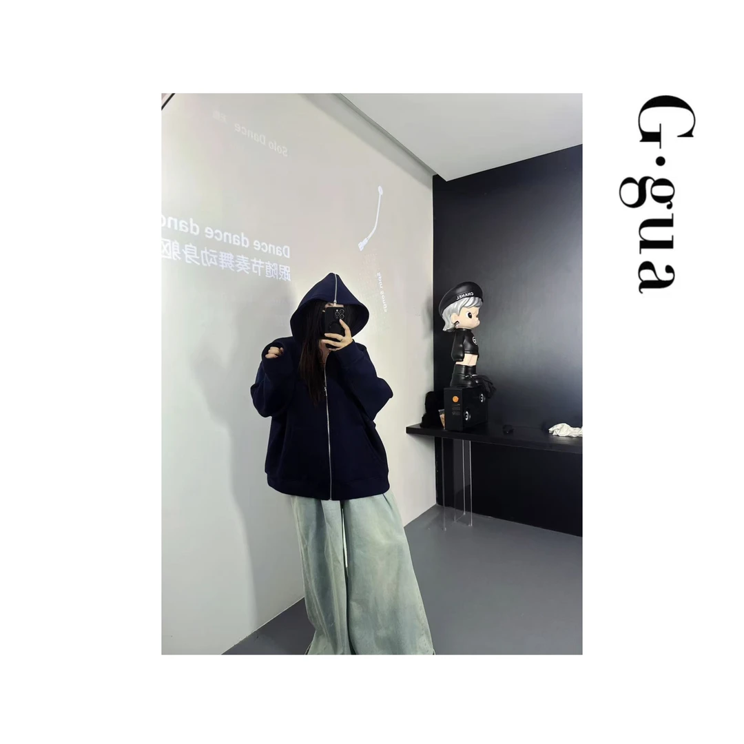 【张_Ggua】大码空气层拉链连帽卫衣女宽松落肩外套