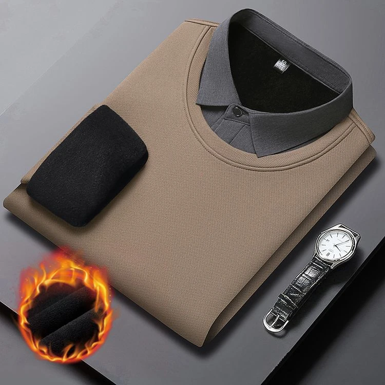 恒杉洋假两件针织衫男士冬季2024新款加绒加厚衬衫领休闲保暖