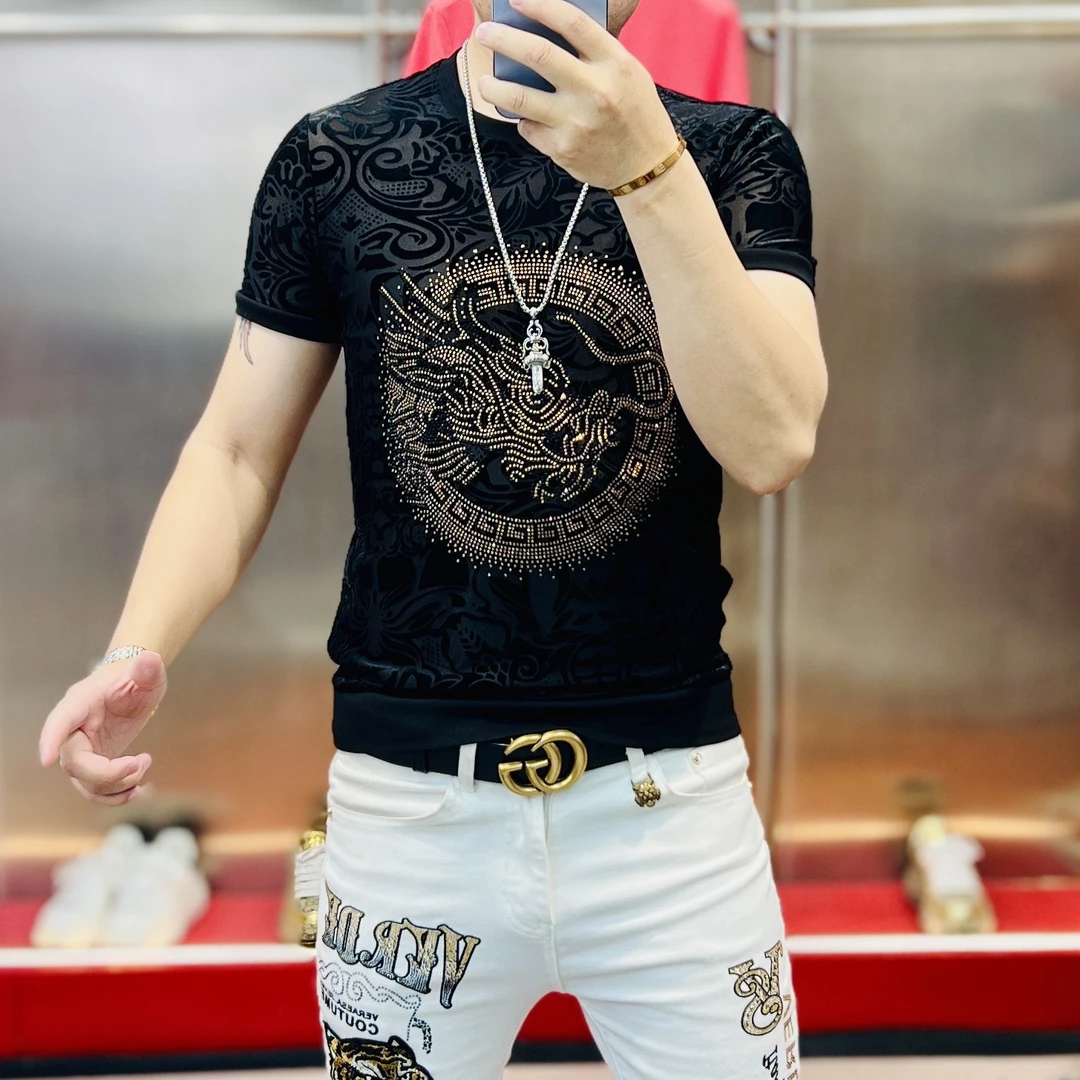 领者家2025新款提花烫钻龙头时尚百搭网红痞帅修身显瘦男士短袖潮