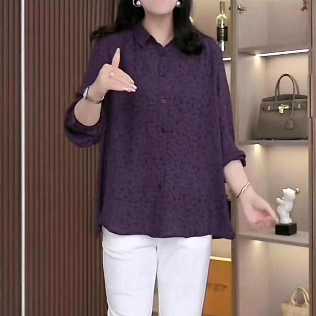 丹思慕大码女装时尚长袖宽松显瘦新款翻领高腰休闲提花上衣ZB6060