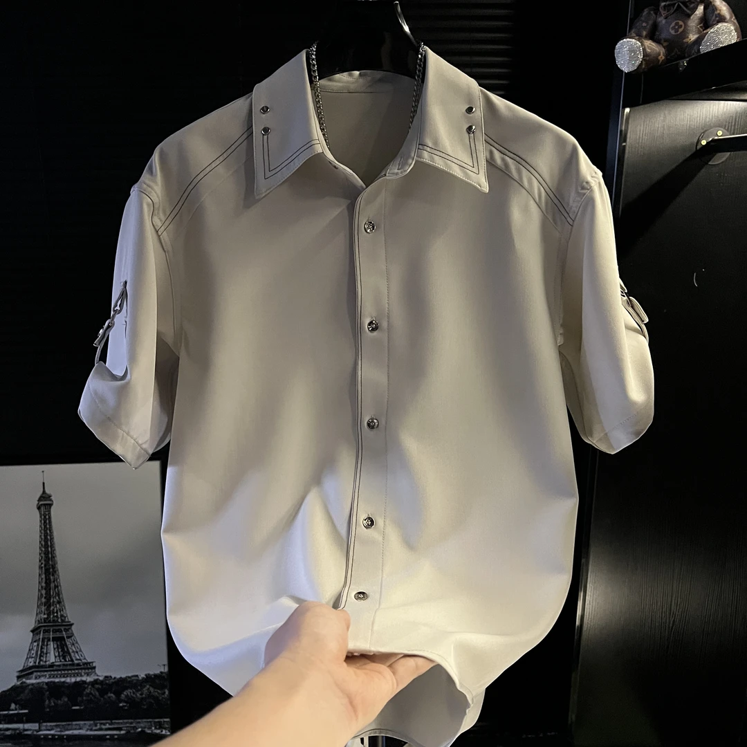 TQ-时尚百搭男装小众设计感明线撞钉衬衫短袖休闲宽松时尚潮牌