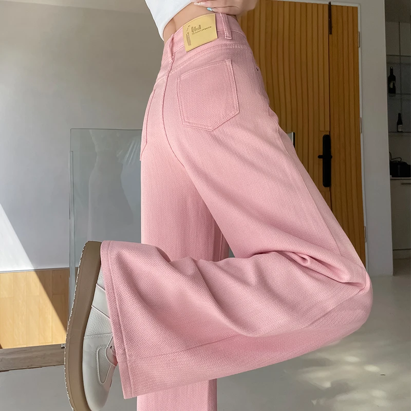 樱桃粉色阔腿牛仔裤女2025年秋季新款糖果色星空纹编织直筒拖地裤