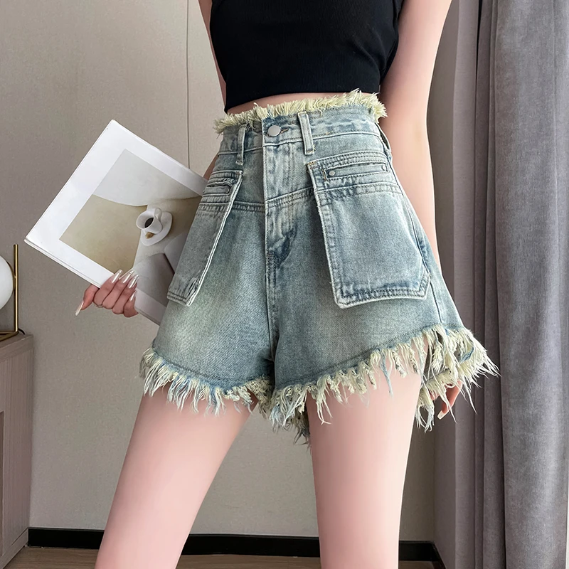 复古牛仔短裤女夏季新款高腰流苏毛边怀旧宽松直筒阔腿辣妹热裤子