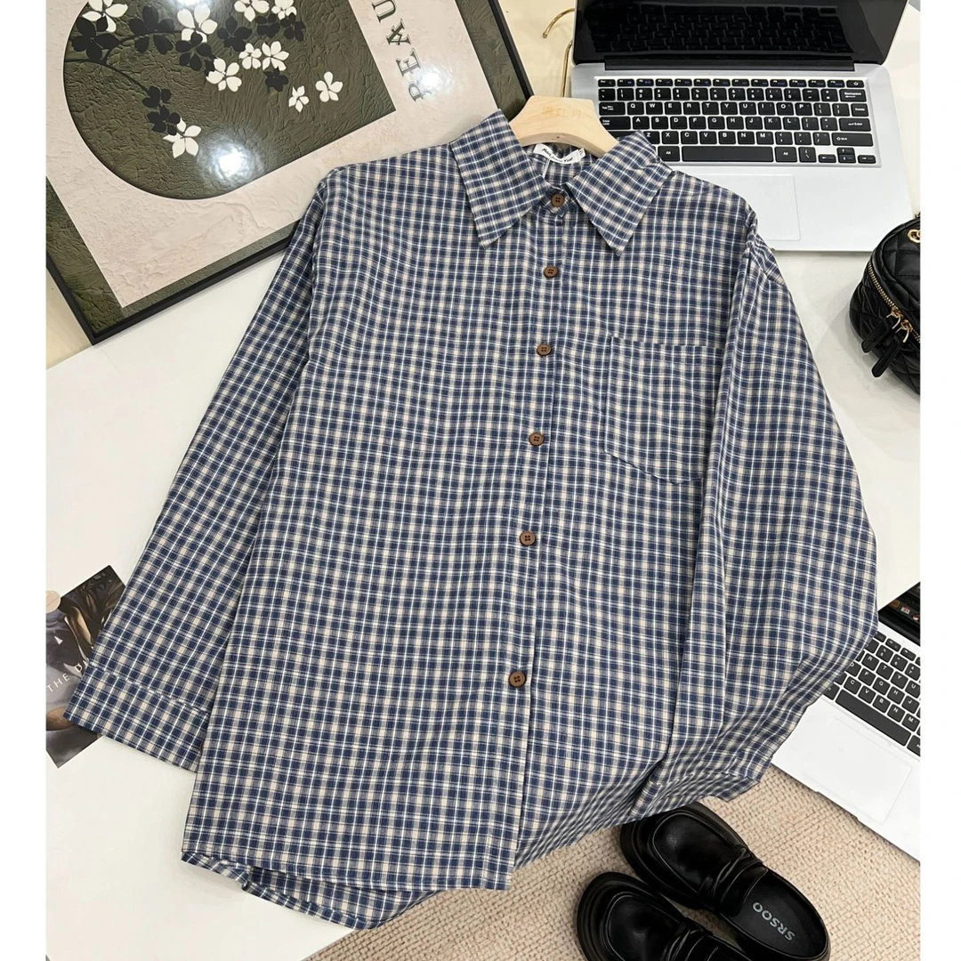 洋气格子衬衫女韩版vintage休闲宽松叠穿衬衣复古翻领外套秋季