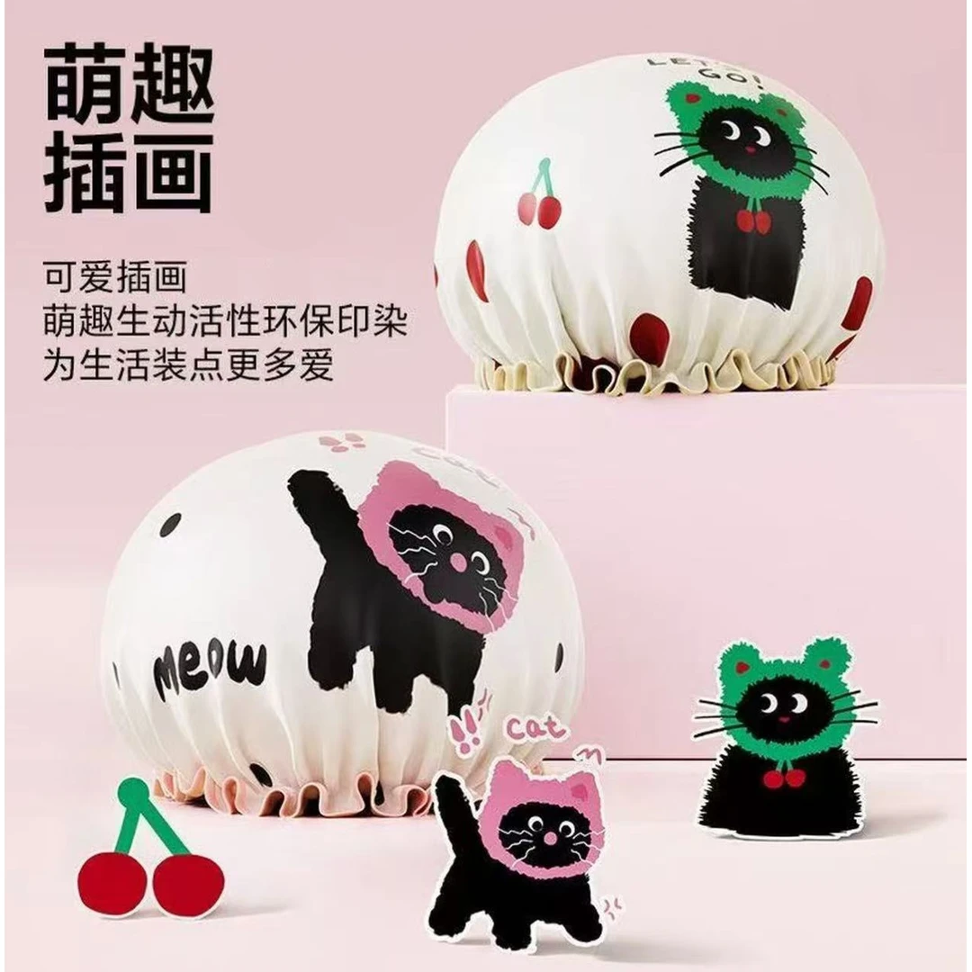 加厚浴帽双层卡通环保防水洗澡帽女新款家用防油烟猫咪成人沐浴帽