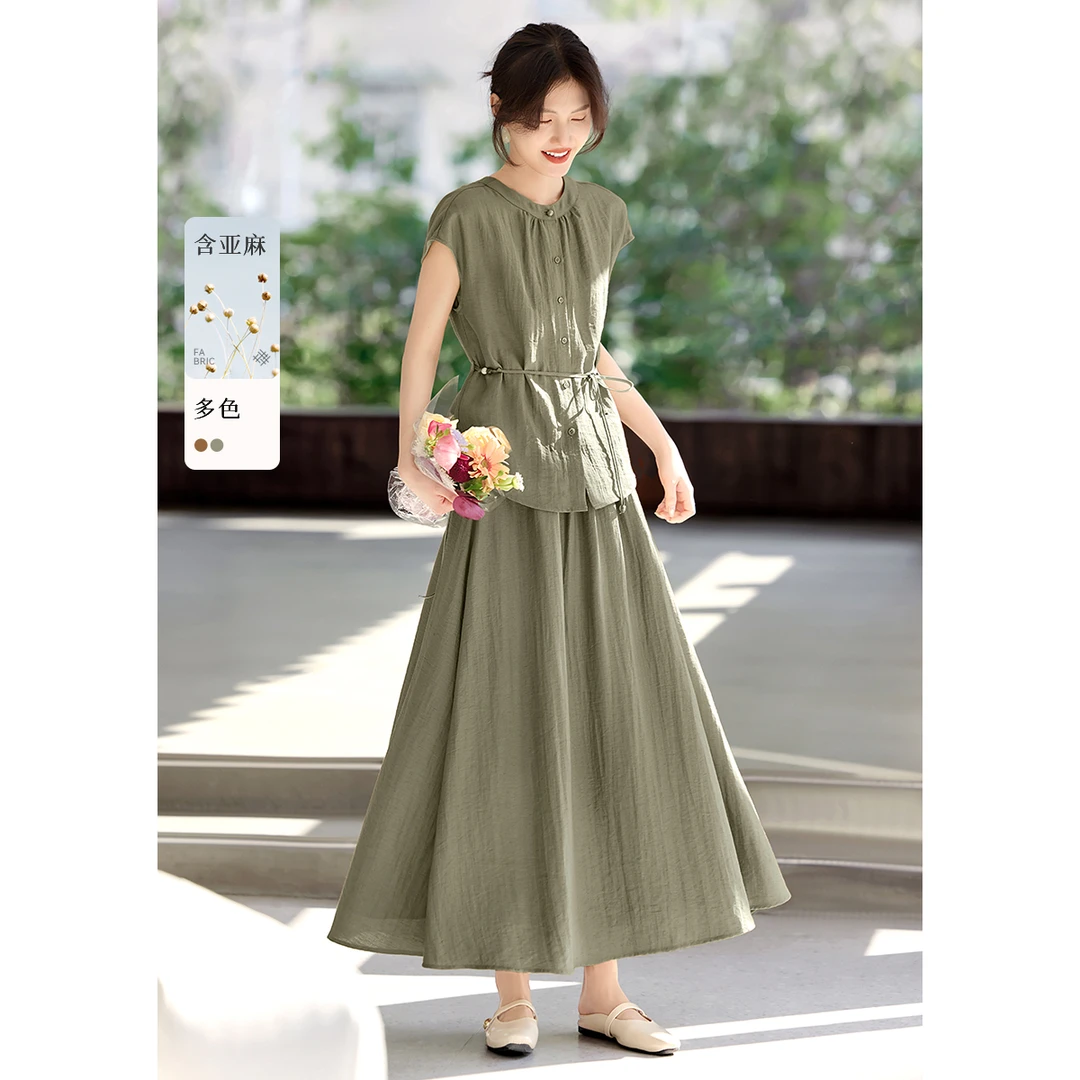 XWI/欣未【优雅格调】2025新夏女装麻感收腰衬衫半裙套装43993