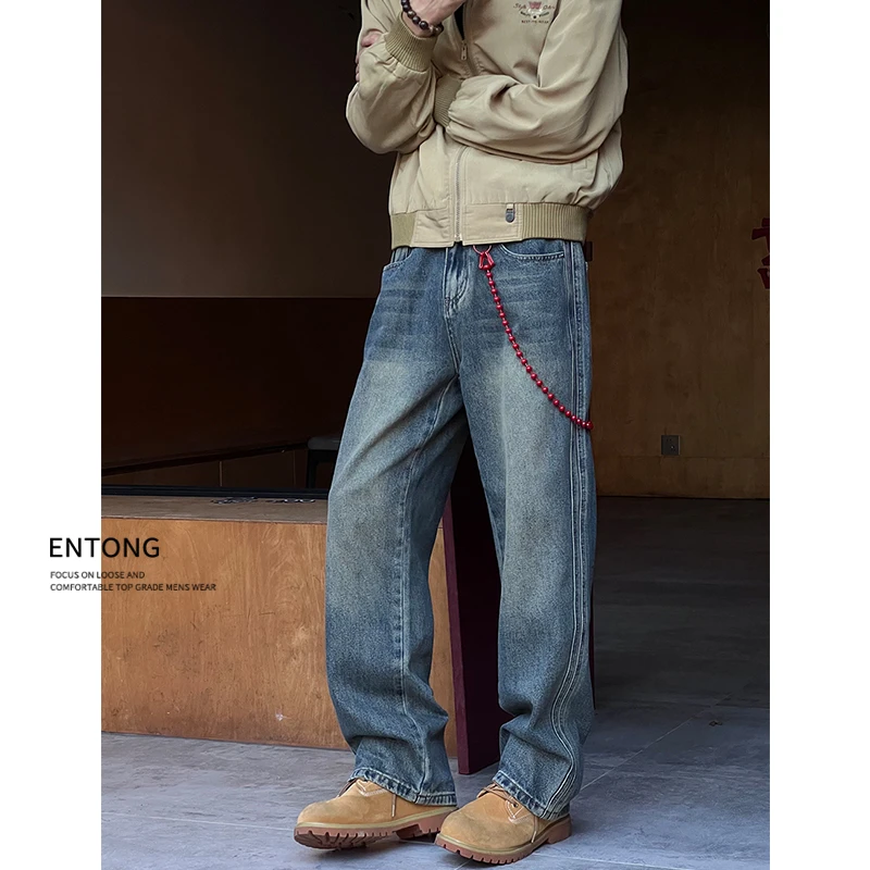 Entong潮牌美式复古水洗牛仔裤男生春秋百搭直筒裤宽松做旧裤子男