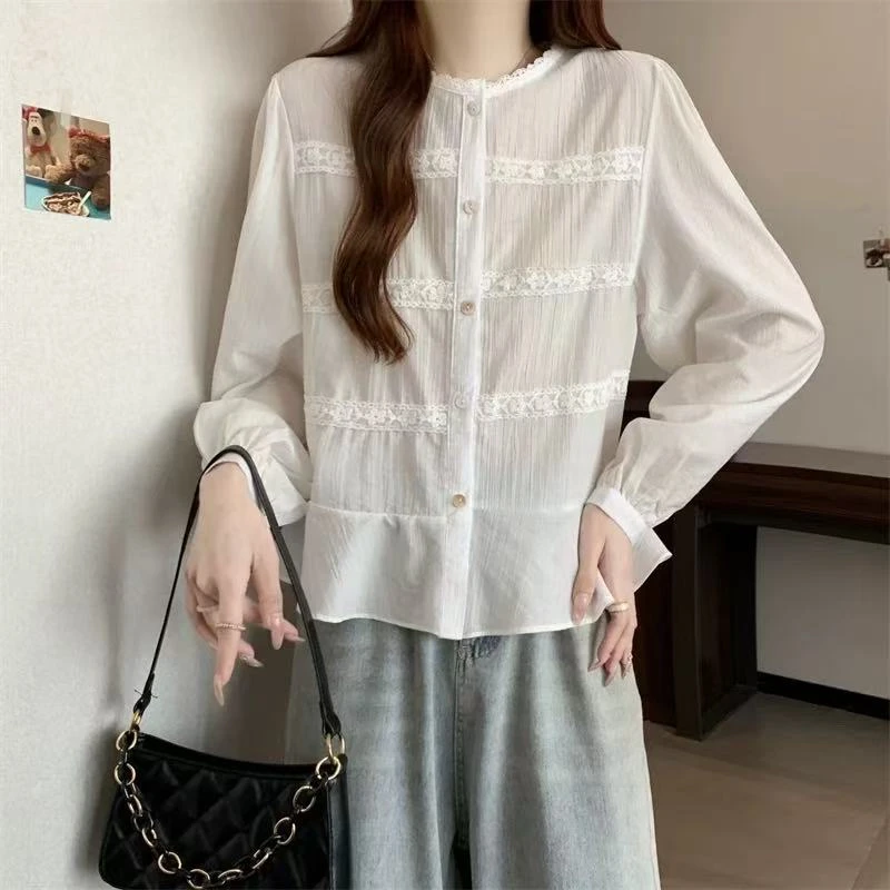 韩系小清新甜美上衣减龄蕾丝拼接气质长袖衬衫