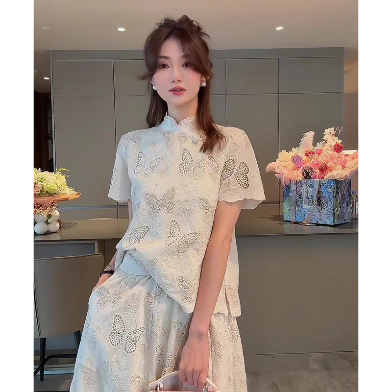 新中式国风女装盘扣上衣半裙套装2025夏季新款洋气衣服镂空两件套