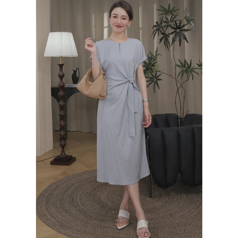 2546夏季新品欧若风显瘦气质时尚复古不规则法式麻感连衣裙子