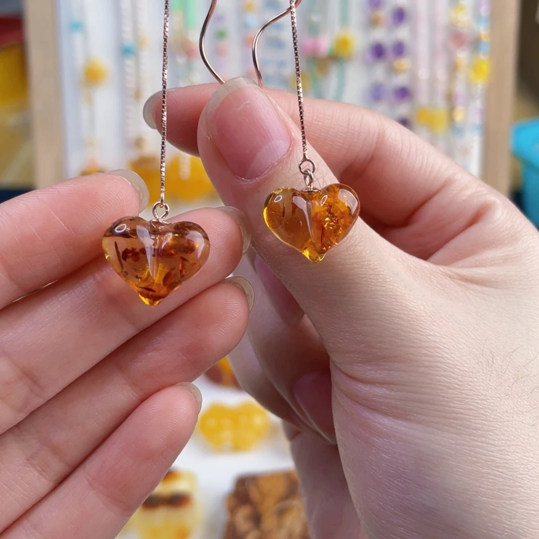 琥珀银S925镶嵌裸石花珀耳环