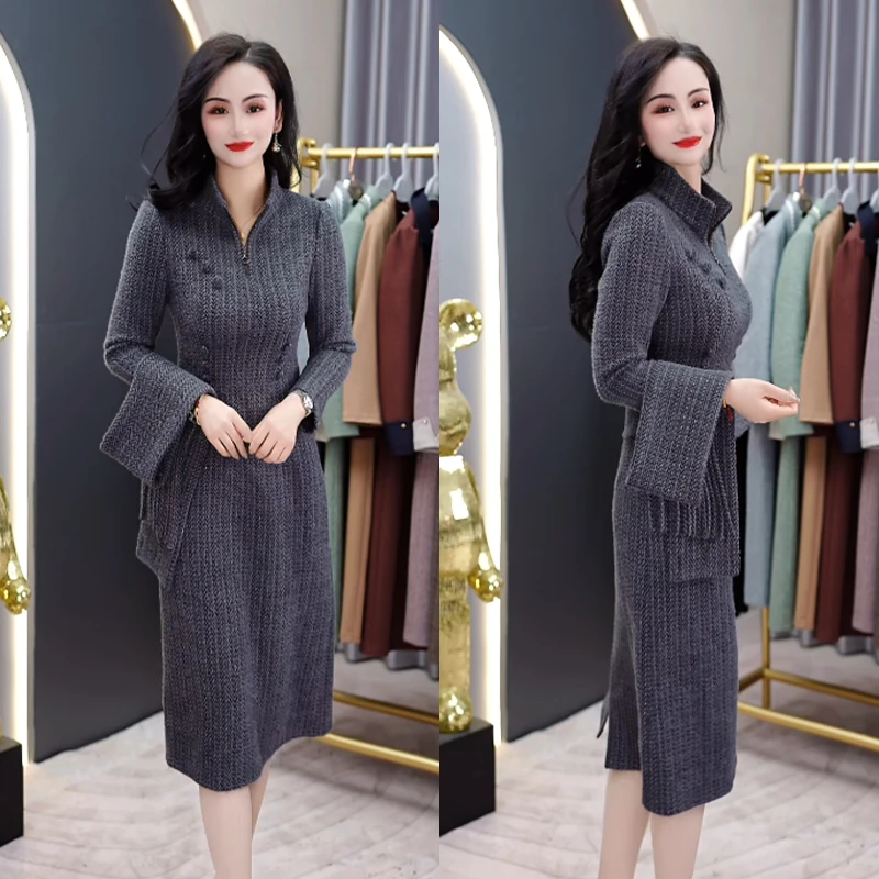 高级灰简约通勤气质围巾加连衣裙加厚2025秋冬内搭单穿百搭连衣裙