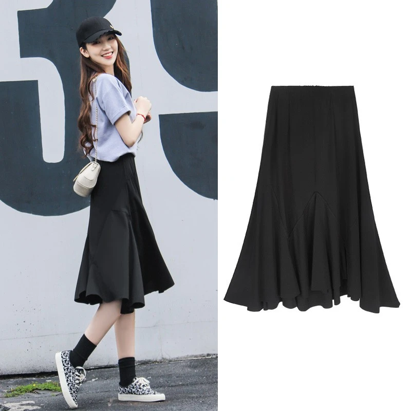 黑色半身裙女夏季中长款高腰显瘦百搭a字裙荷叶边不规则鱼尾裙