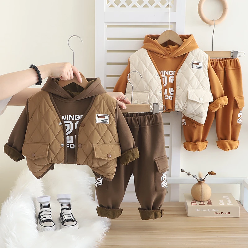 【沫沫家】男女宝秋冬装加绒套装洋气儿童冬季加厚棉衣马甲三件套