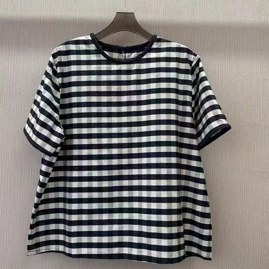 2025夏季新品撞色格子宽松显瘦圆领衬衫短袖上衣（W25135）