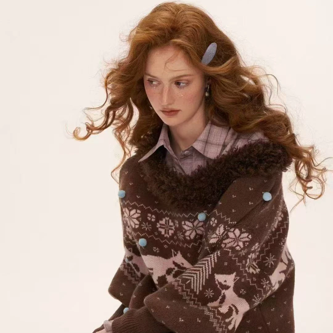 12/21  秋冬新款费尔岛大v领慵懒风宽松针织衫女外套