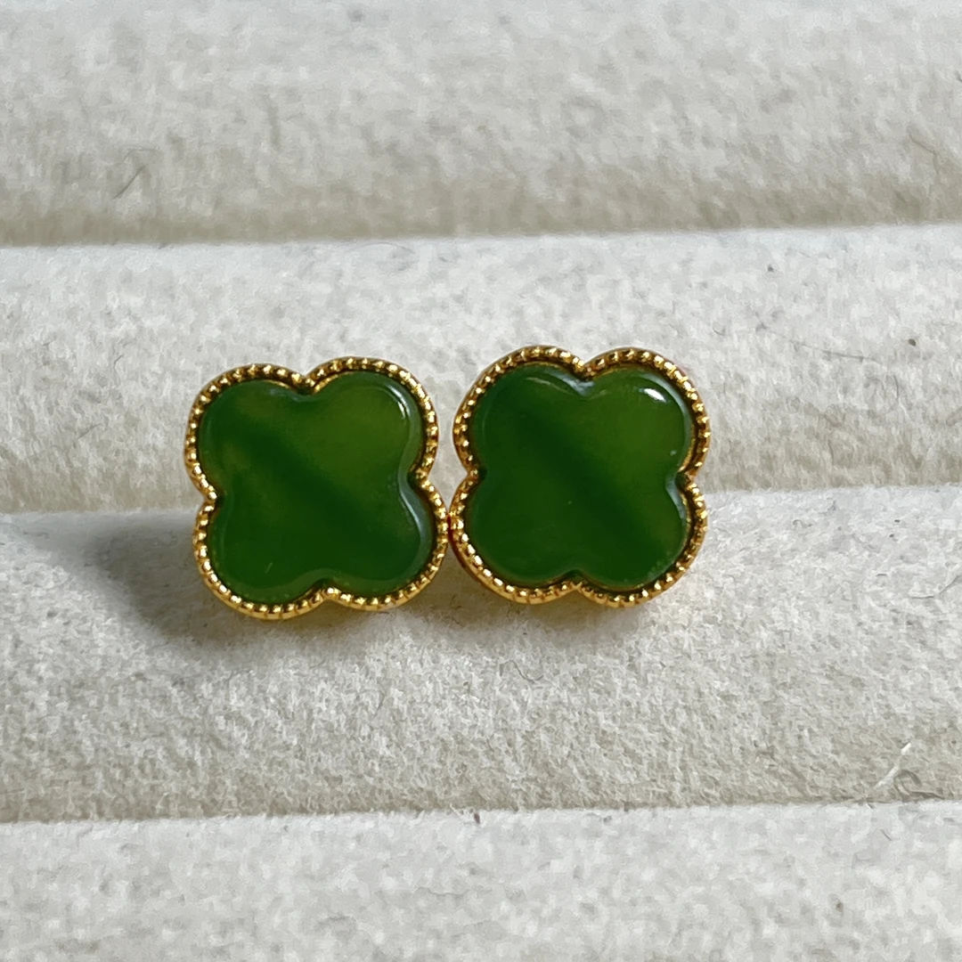 【伟伟鉴定】和田玉碧玉 银镶 四叶草耳钉 时尚百搭饰品