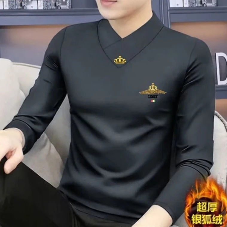 秋冬新款男士长袖领修身保暧打底衫加绒加厚内衣上衣服外男装秋衣