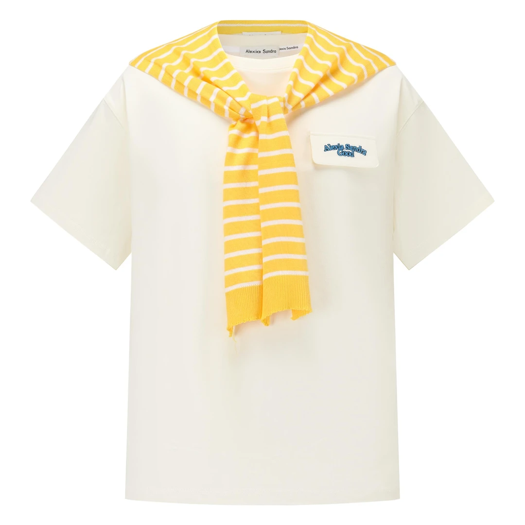 AlexiaSandra口袋刺绣logo条纹披肩真两件短袖T恤