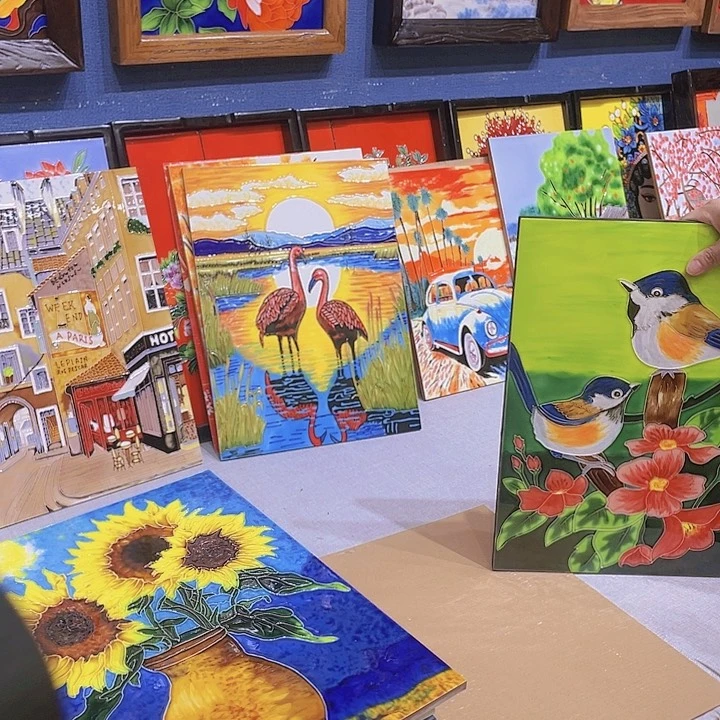 【闪购商品】瓷片水**兰巴黎街景和绿第小鸟深框