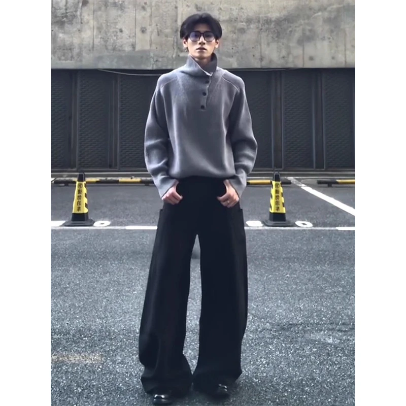 灰色高智感半高领毛衣男款秋冬保暖慵懒宽松高级感软糯针织衫外套