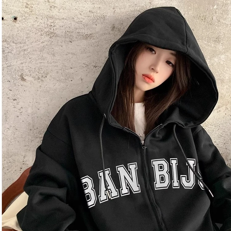连帽卫衣慵懒风加绒开衫印花百搭学院风常规秋季卫衣女学生外套