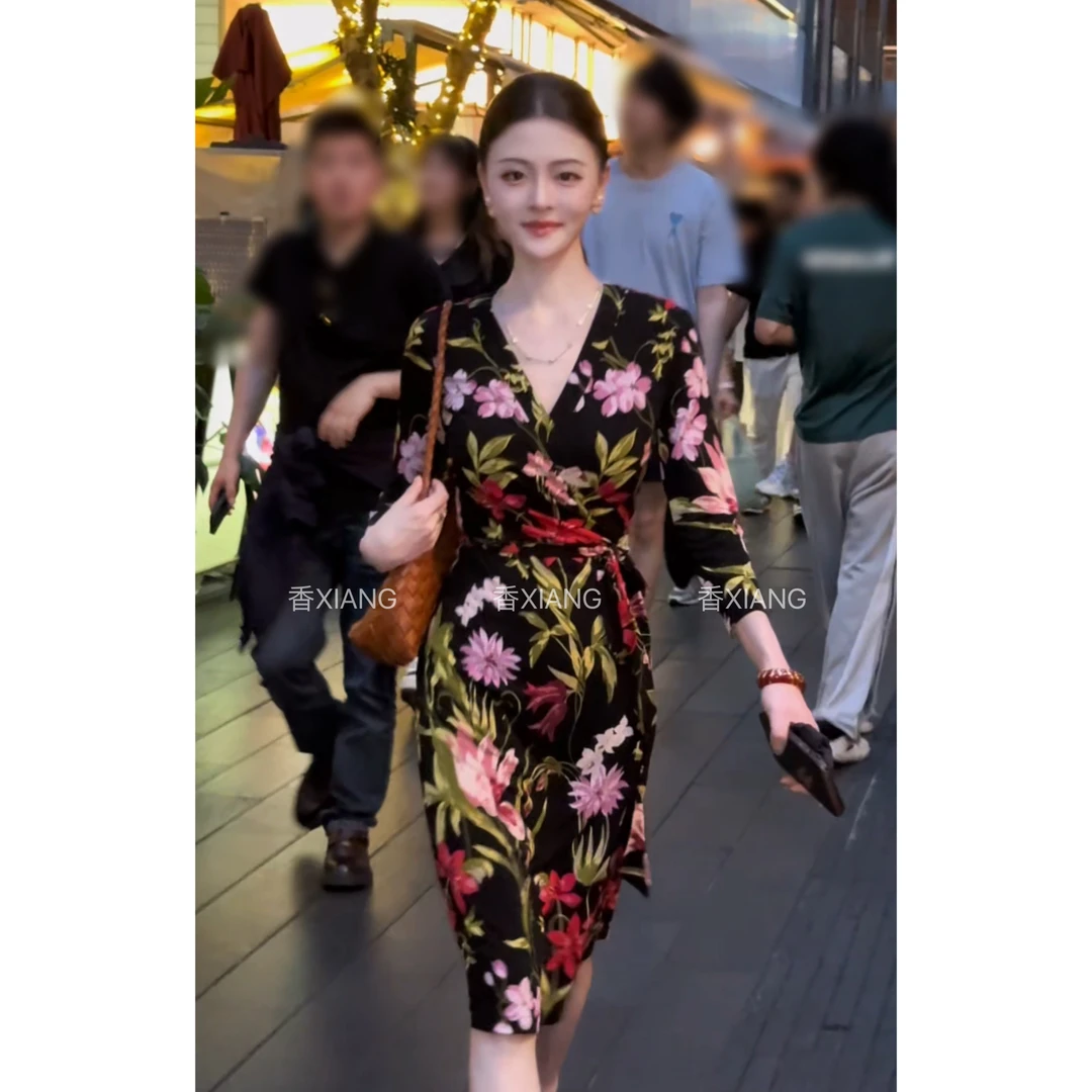 短款 梦境木棉 裹身裙一片式高级气质修身印花针织弹力女装连衣裙