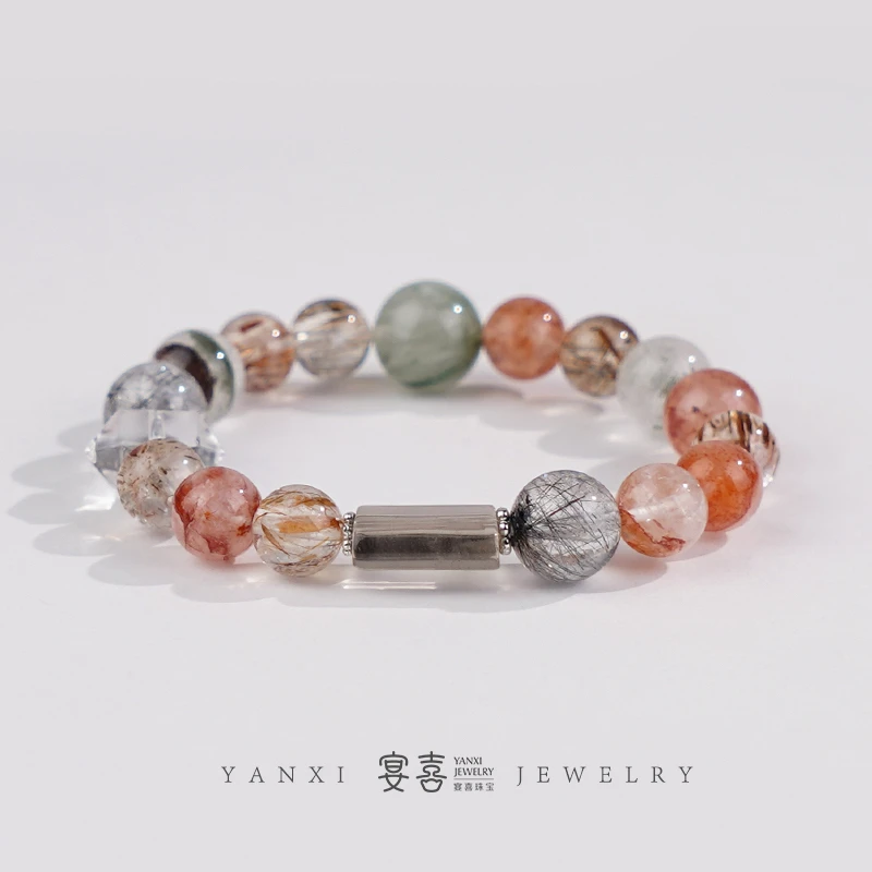 【云野】红胶花绿发晶黑金超绿幽灵茶晶单圈手串 多样性发其一