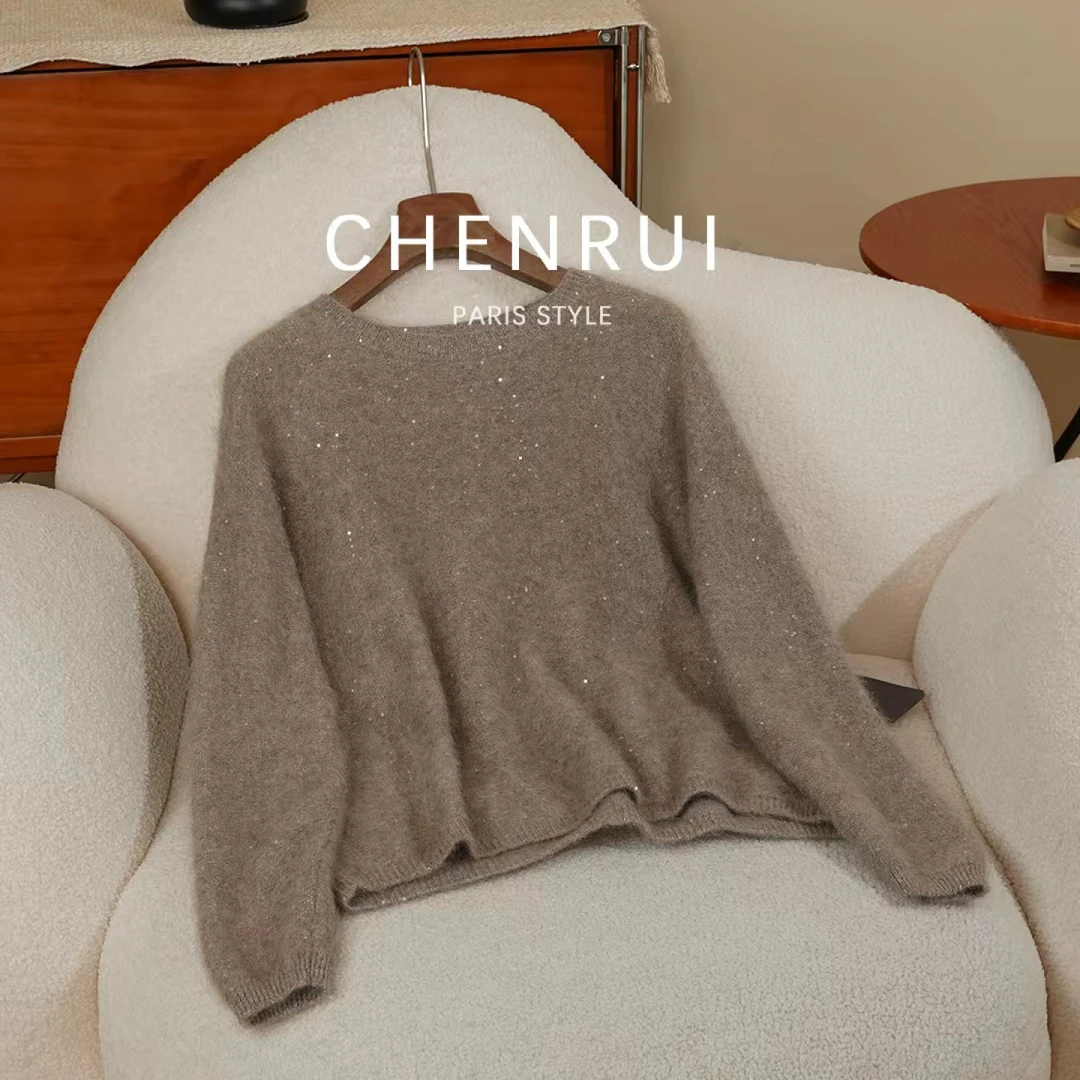 CHENRUI 歆姐 “里斯本星雾”金银丝珠片拉毛亲肤长袖套头毛衣3894