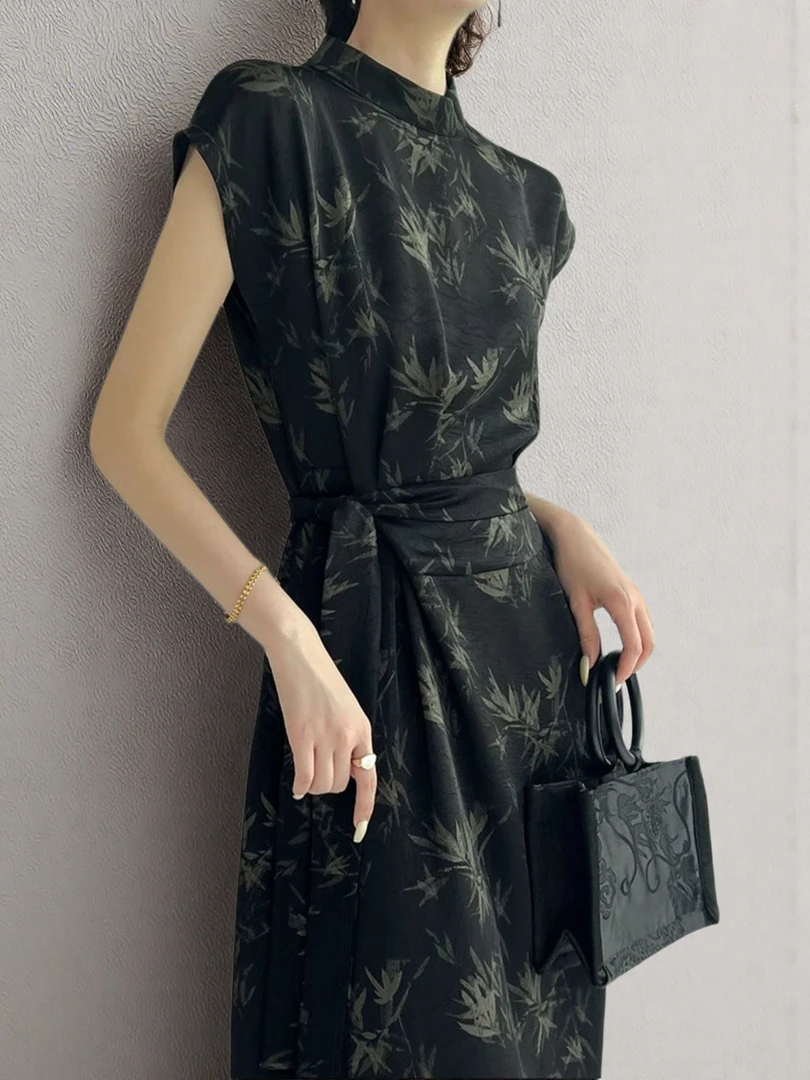 三醋酸缎面水墨竹子短袖夏立领连衣裙旗袍显瘦复古收腰新中式长裙