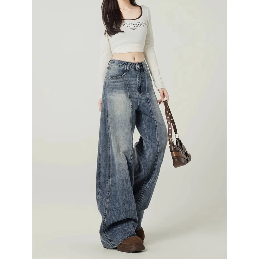 美式复古高街宽松阔腿牛仔裤女2025春新款设计感高腰垂感弯刀裤子