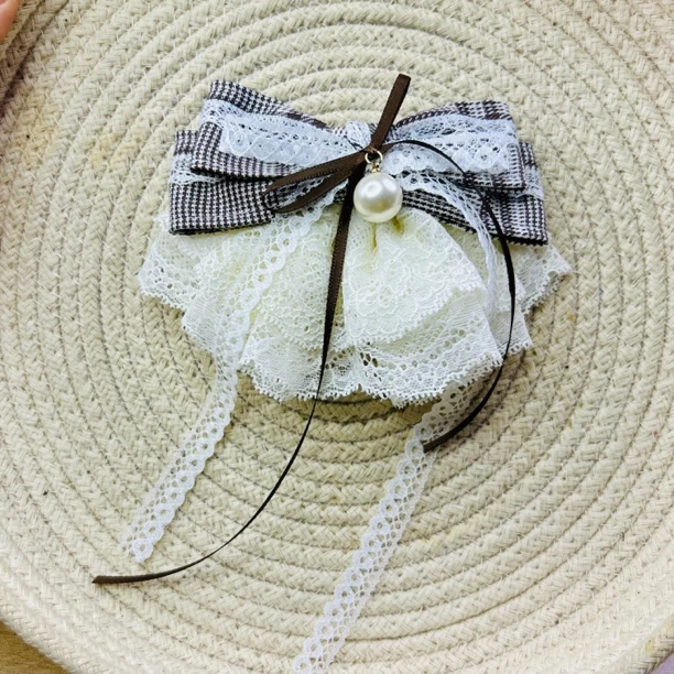 HC0383 咖啡色米色蕾丝格子裙摆蝴蝶结鸭夹