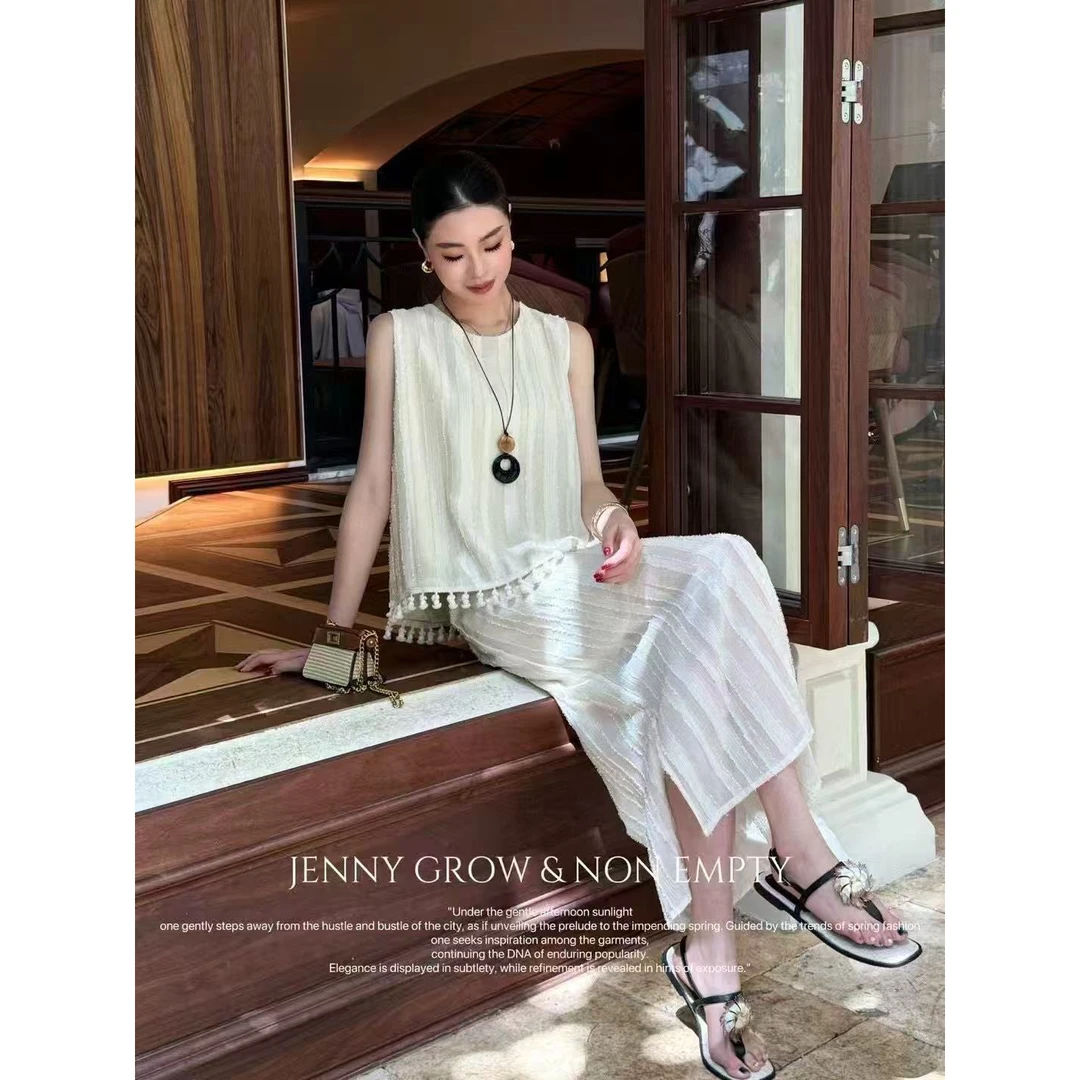 高品质-9206轻薄透气复古度假风流苏背心半裙套装