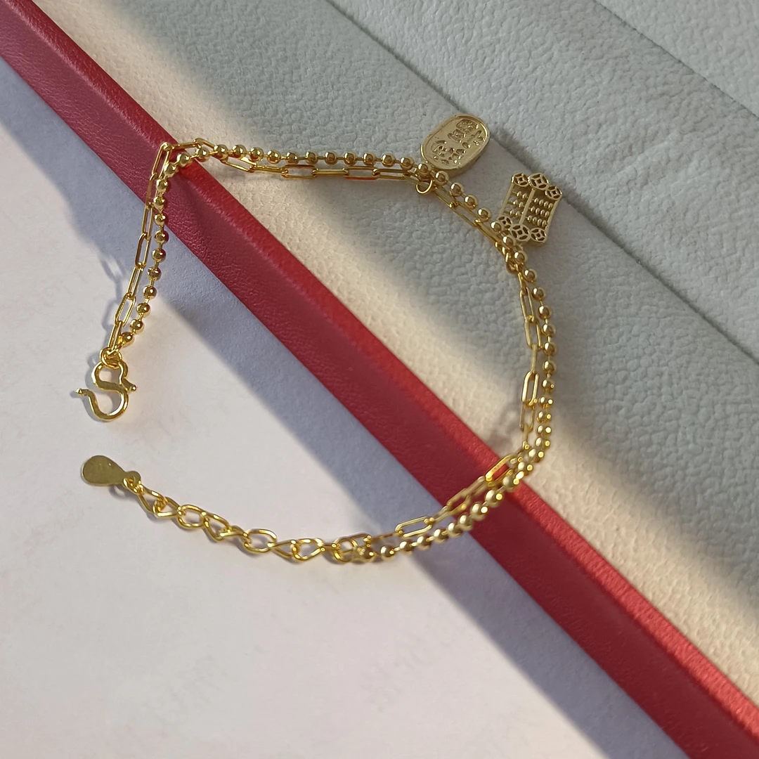 足银手链 足银招财纳福算盘双层手链