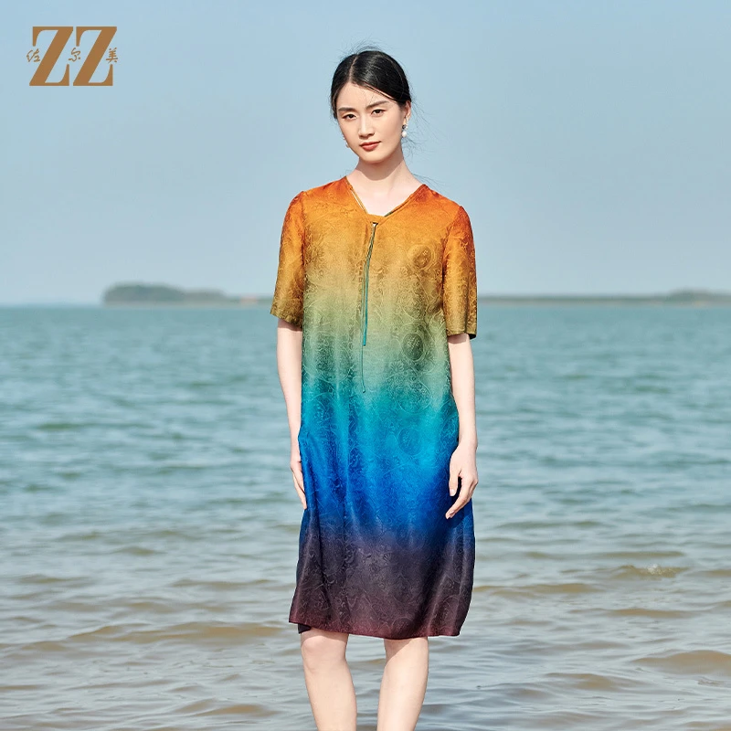 佐尔美夏季新款 红云纱香云纱桑蚕丝渐变花罗连衣裙女E22LS82