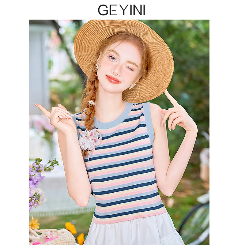 2025春夏新款女法式小个子短款百搭条纹度假打底吊带背心无袖上衣