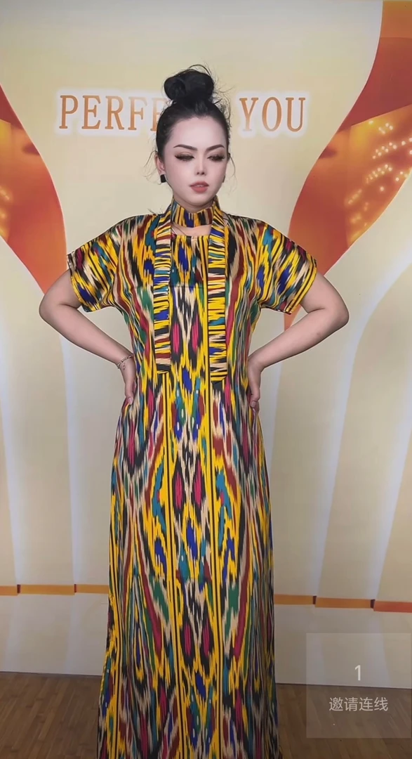 596夏季立领短袖长裙民族风连衣裙长款女士复古优雅修身气质